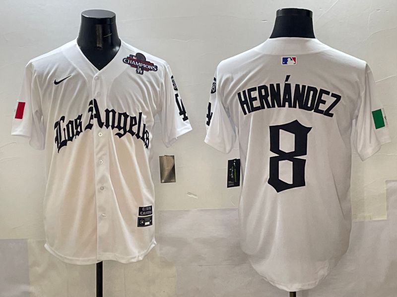 Men Los Angeles Dodgers 8 Hernandez White Five generations Joint Name 2025 Nike MLB Jersey style 8